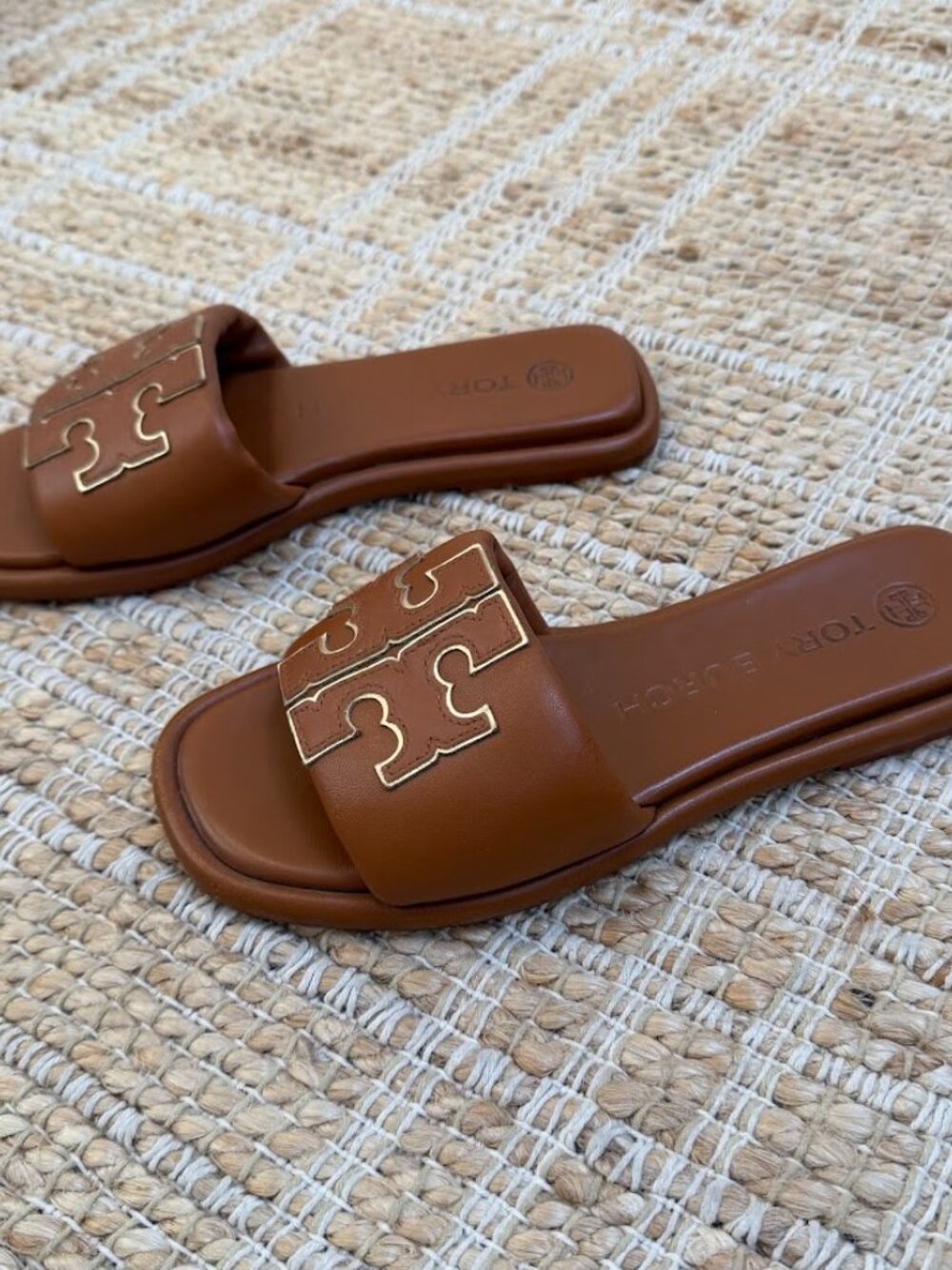 Tory Burch Logo Slide Sandals Brown Leather Size 6 - Picture 2 of 7